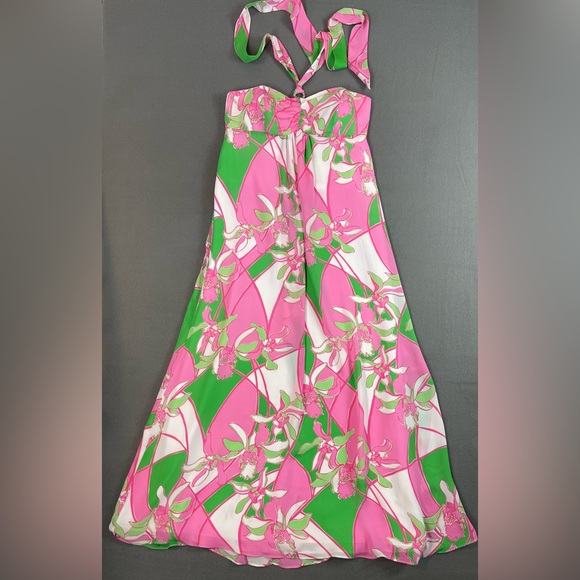 Lily Pulitzer Silk Pink Green Midi Halter Dress - Picture 2 of 12